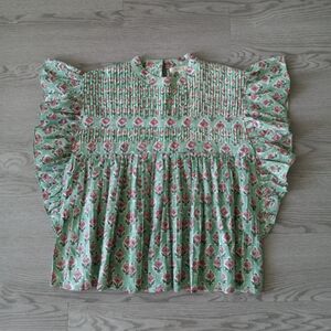 Marea By Liz Joy Flutter Sleeve Block Print Pleated Blouse Cotton Green Pink S